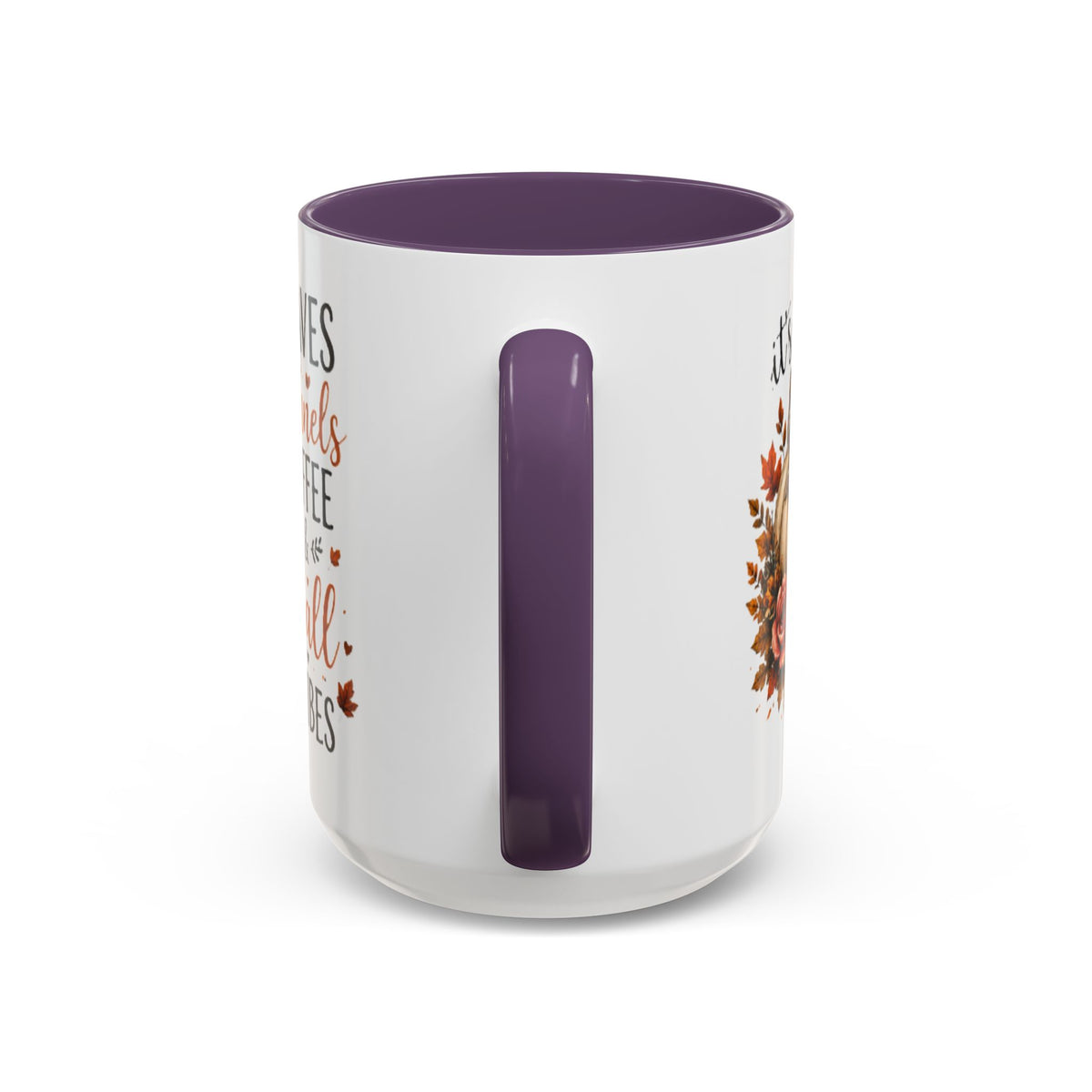 White coffee mug with purple handle insert and fall graphic text on the side