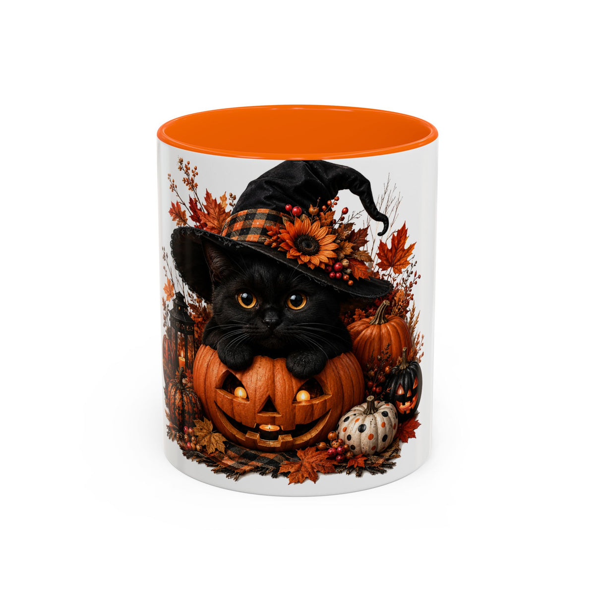Halloween Black Cat Pumpkin Coffee Mug – Autumn Witch Hat Accent Mug (11/15oz)