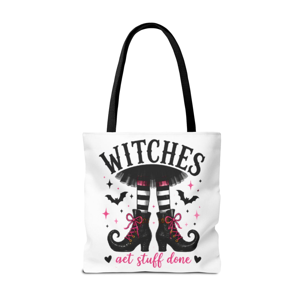 White tote bag with black handles and witch boots graphic, 'WITCHES' and 'get stuff done' text.