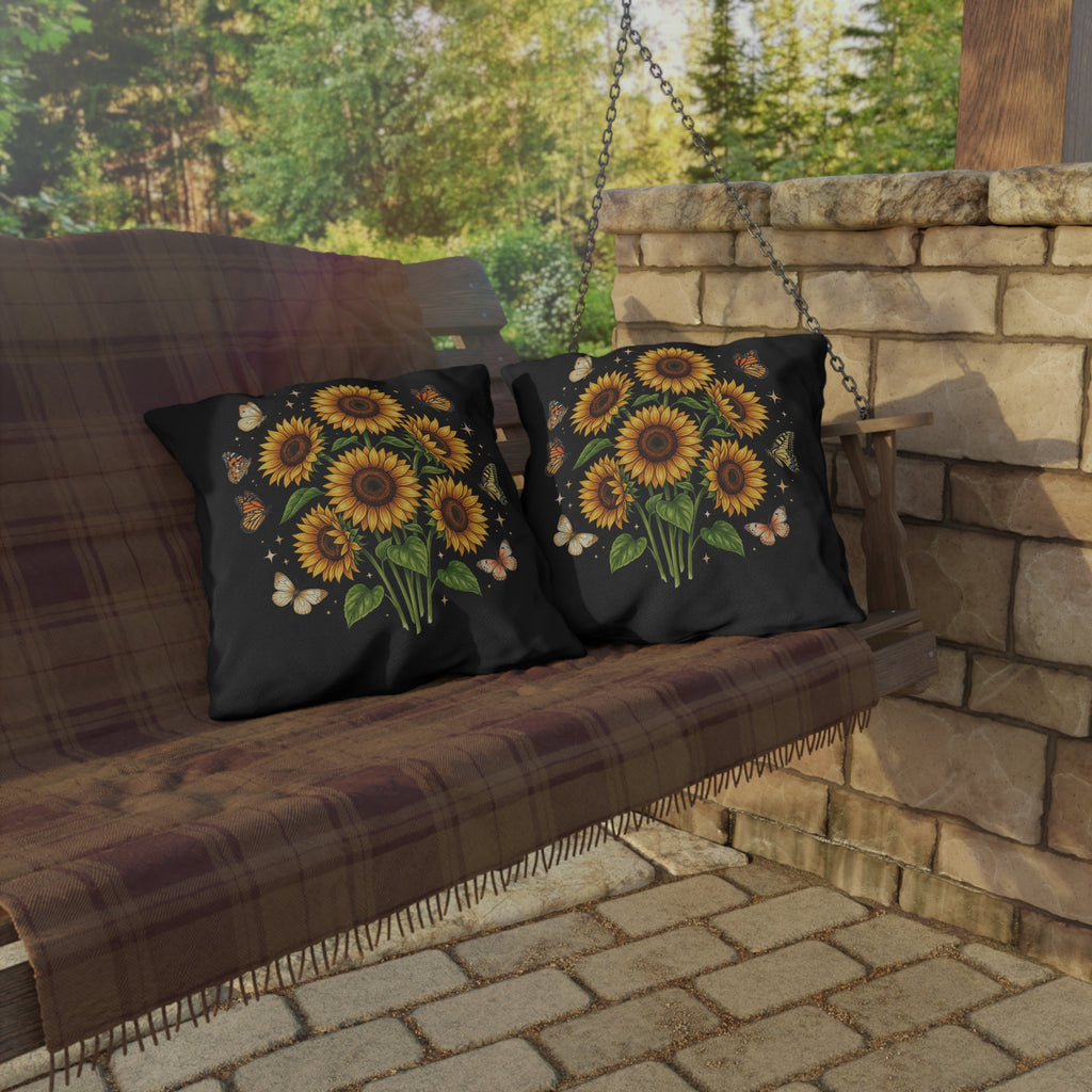 Sunflower & Butterfly Outdoor Pillow — Floral Garden Accent Cushion for Patio