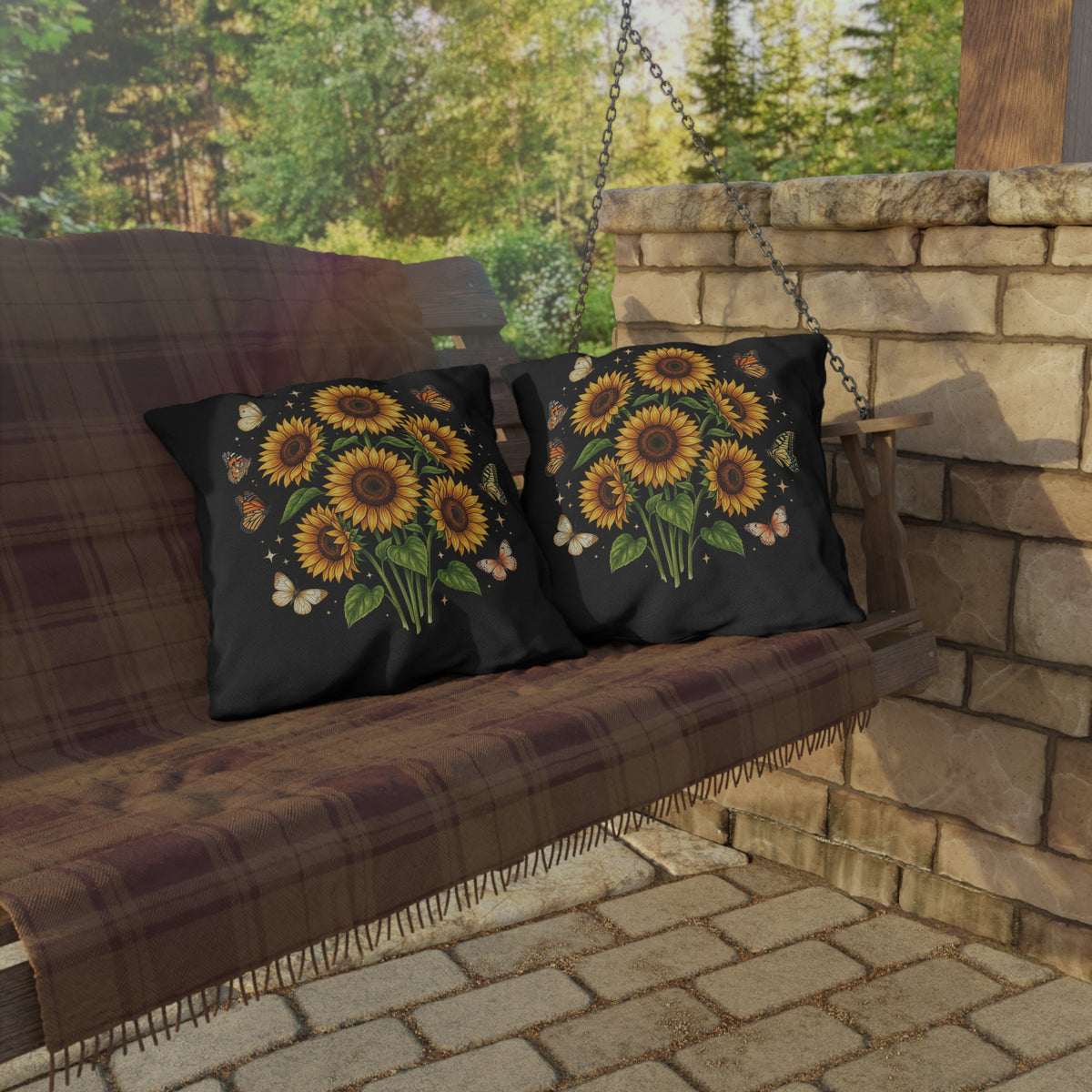 Sunflower & Butterfly Outdoor Pillow — Floral Garden Accent Cushion for Patio