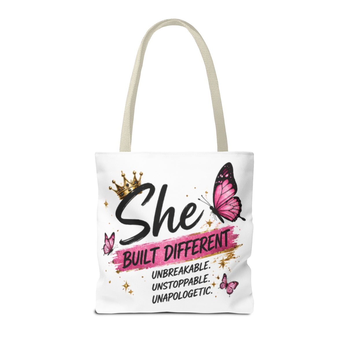 White canvas tote bag with butterfly graphic and crown detail, front view