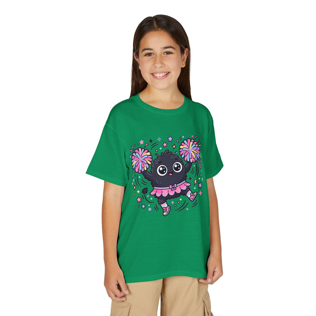 Cute Black Kitty Cheerleader Youth T-Shirt — Pom-Pom Dancing Cat Tee