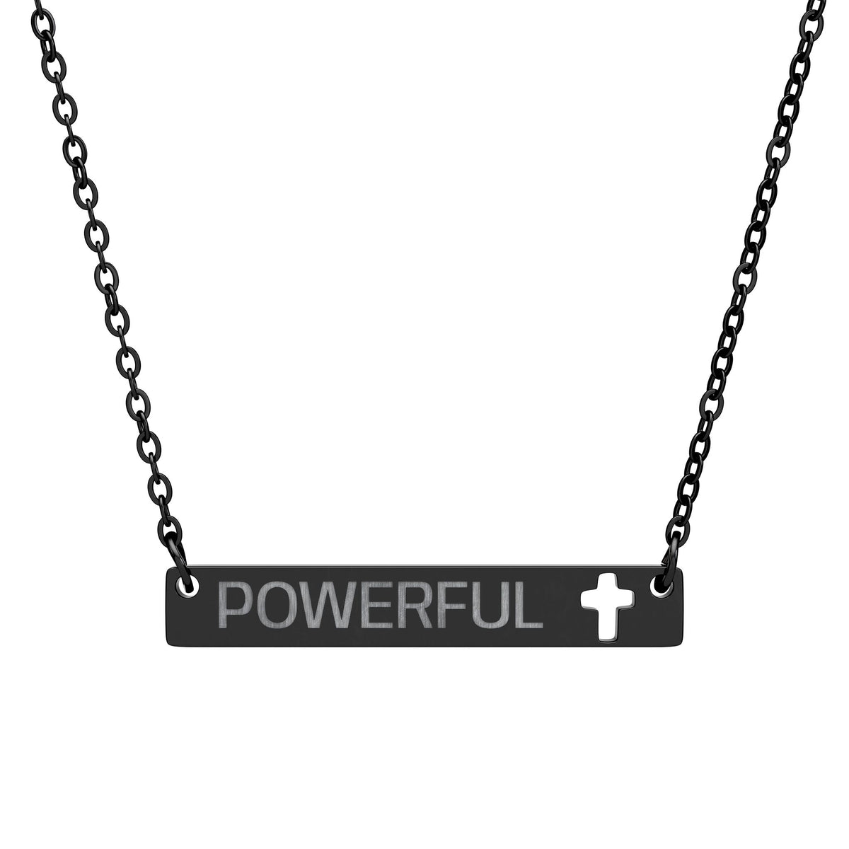 Engravable Cross Bar Necklace - "POWERFUL" Cutout Cross Pendant