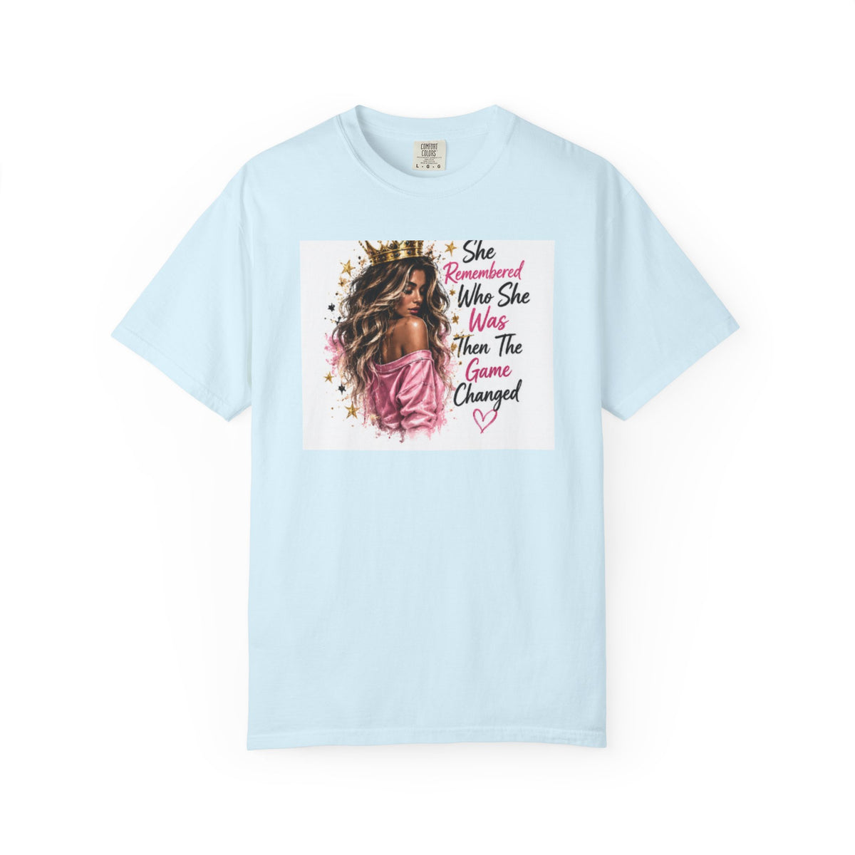 T-Shirt — 'She Remembered Who She Was' Empowerment Tee (Woman Portrait, Inspirational Quote)