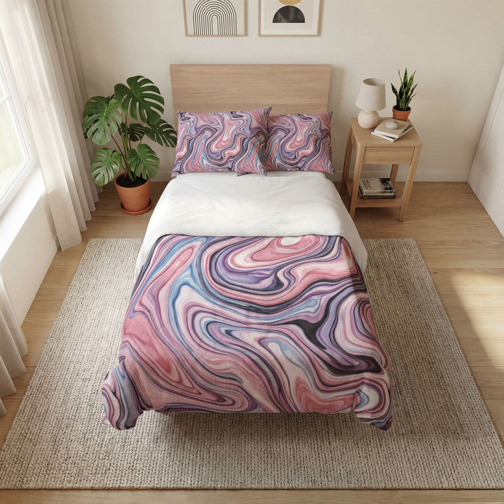 Marble Swirl Quilt Cover Set — Pink & Lavender Abstract Bedding (3-Piece)