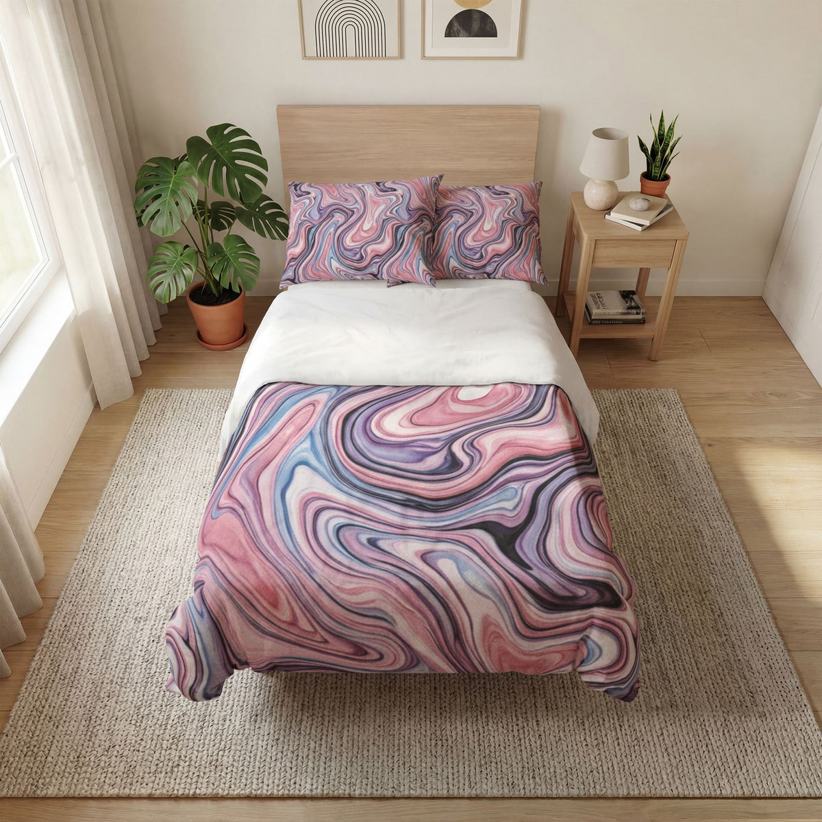 Marble Swirl Quilt Cover Set — Pink & Lavender Abstract Bedding (3-Piece)