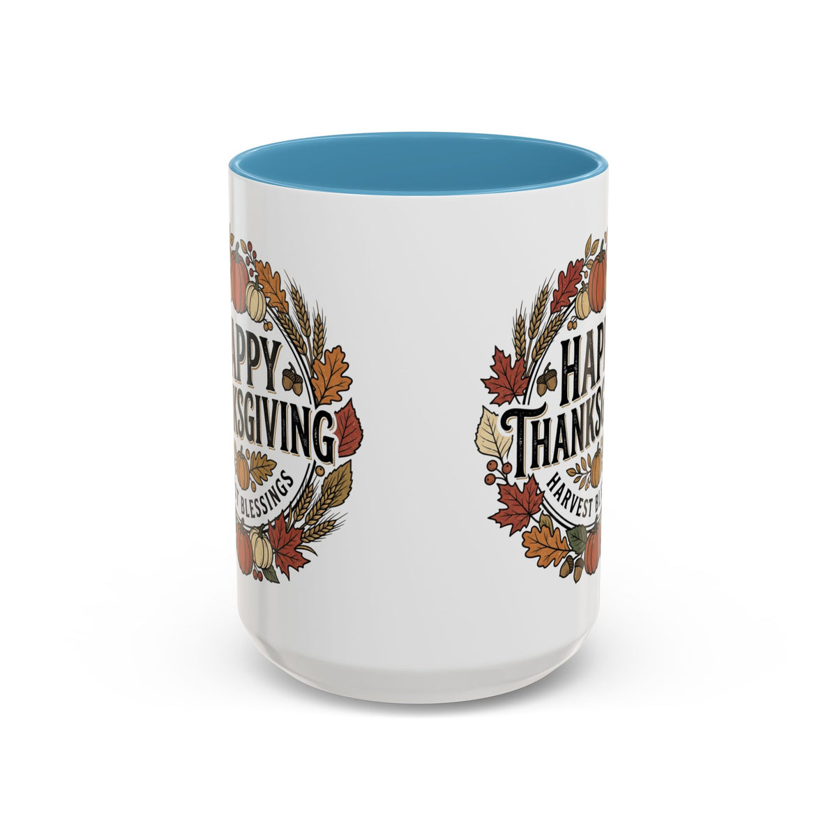 Happy Thanksgiving Accent Coffee Mug — "Harvest Blessings" Fall Pumpkin Wreath (11/15 oz)