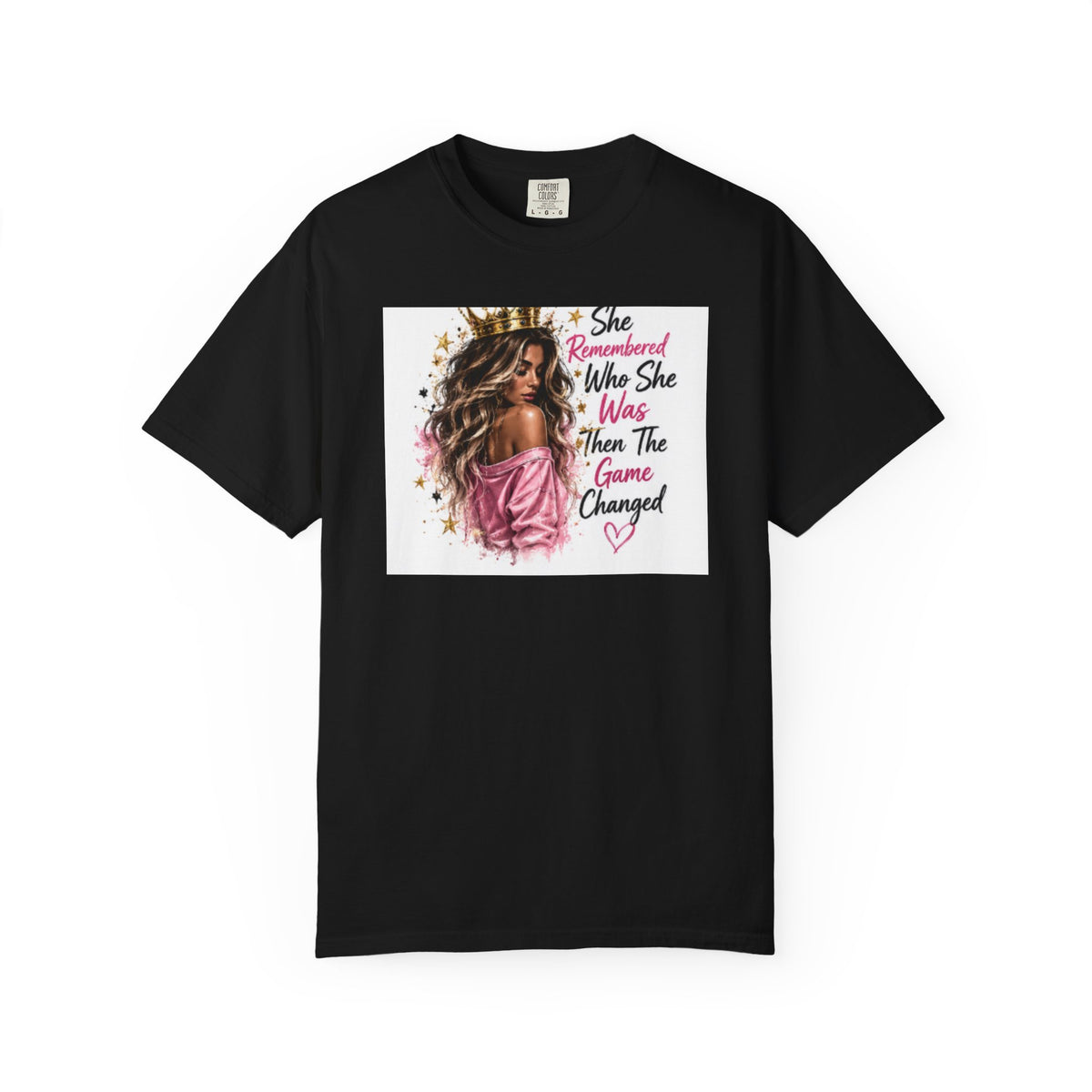 T-Shirt — 'She Remembered Who She Was' Empowerment Tee (Woman Portrait, Inspirational Quote)