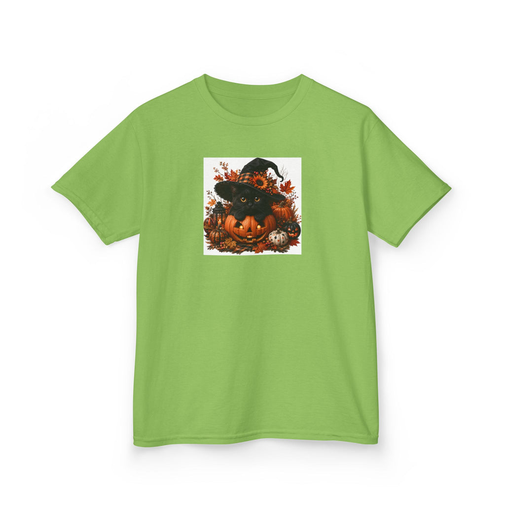 Kids Tee — Halloween Black Cat with Witch Hat & Pumpkins