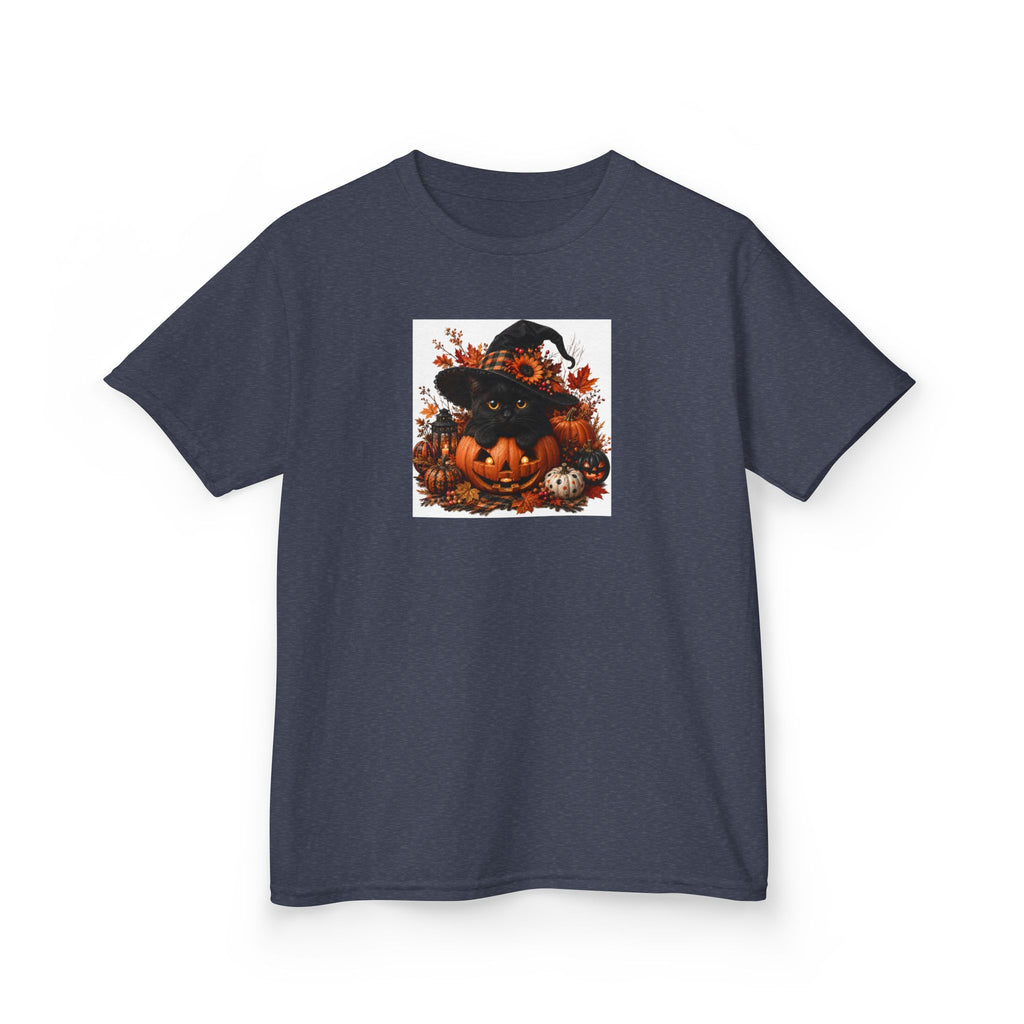 Kids Tee — Halloween Black Cat with Witch Hat & Pumpkins