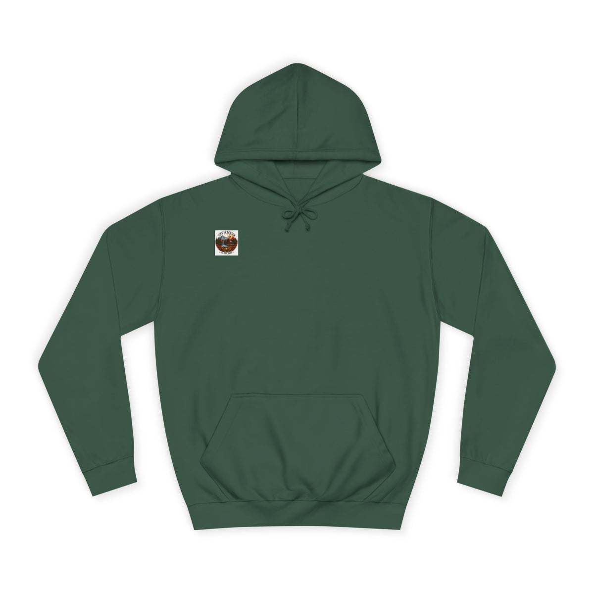 Bottle green pullover hoodie with hood, drawstrings, kangaroo pocket, and small back logo