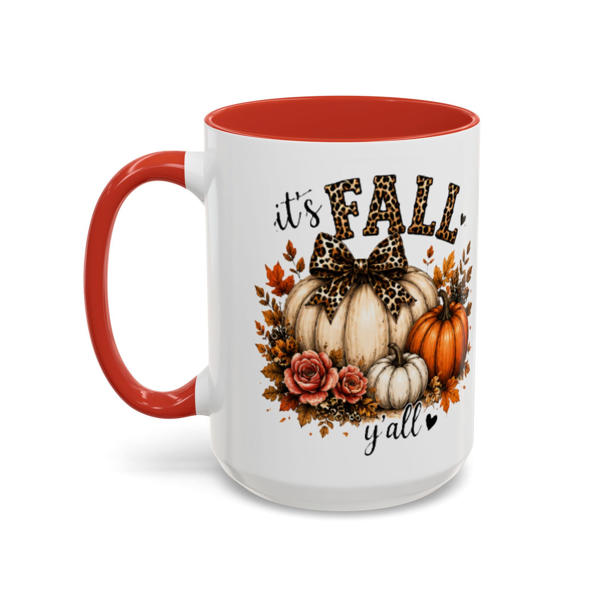 Orange and white coffee mug with “it’s FALL y’all” pumpkin, roses, and leaf bouquet graphic