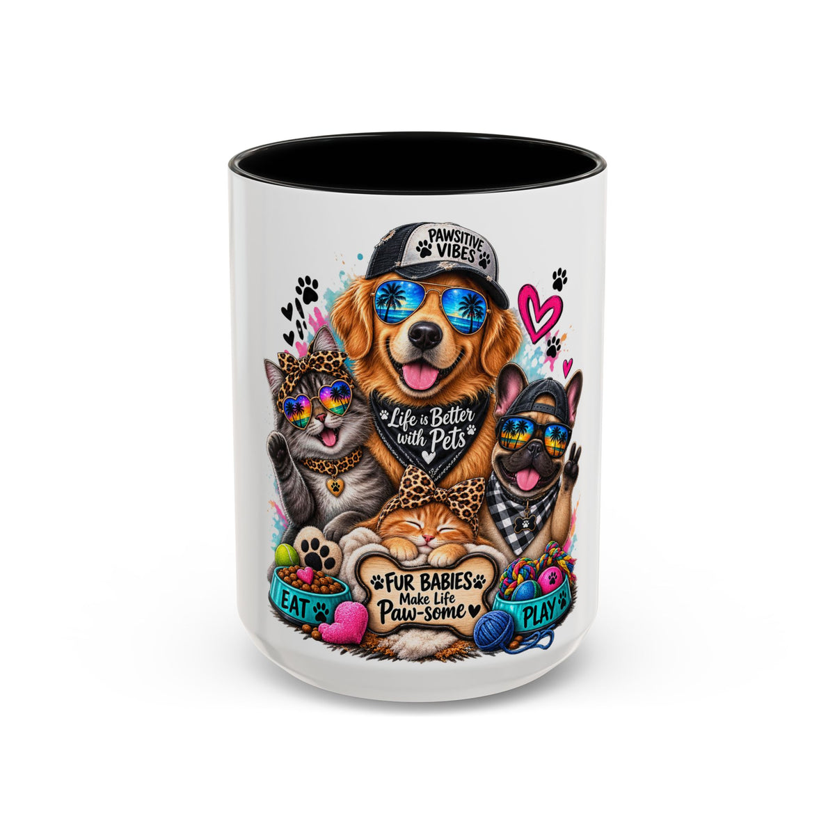 Coffee Mug — "Life is Better with Pets" Colorful Dog & Cat Paw-some Design (11/15 oz)