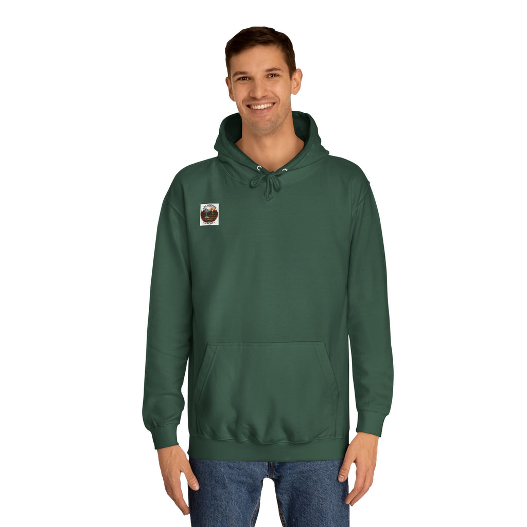 Green pullover hoodie with front pouch pocket and small chest patch