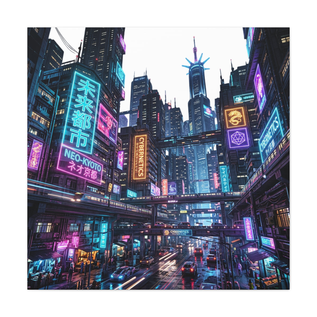 Neo-Kyoto Cyberpunk City Matte Canvas Print