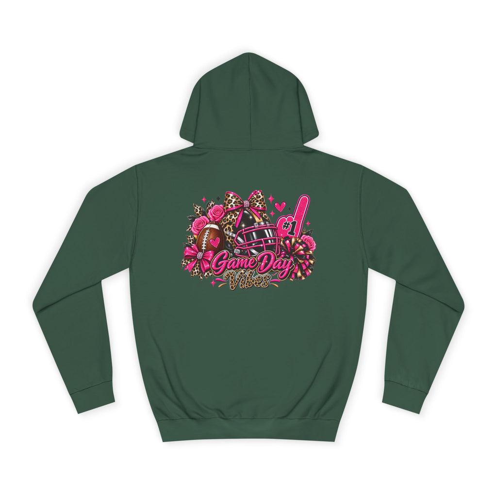 Game Day Cheer Hoodie — Pink Football Floral Design by Printify, dark green hoodie with a pink football, floral accents, glittery pom poms, and Game Day graphic