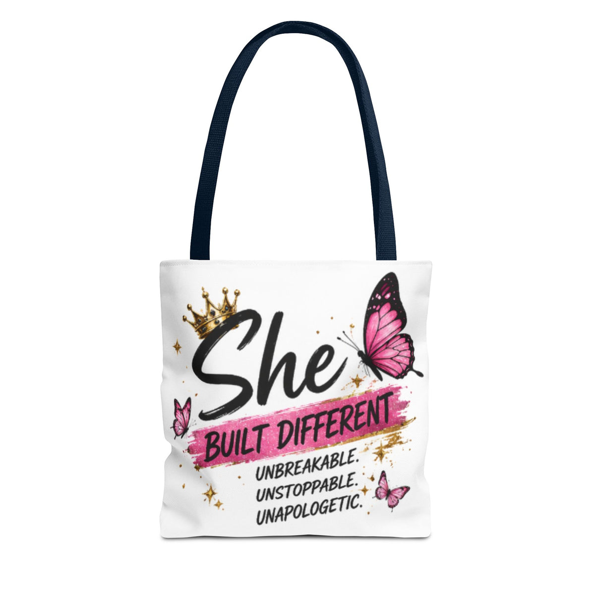 White tote bag with long navy handles, crown and pink butterfly “She Built Different” print