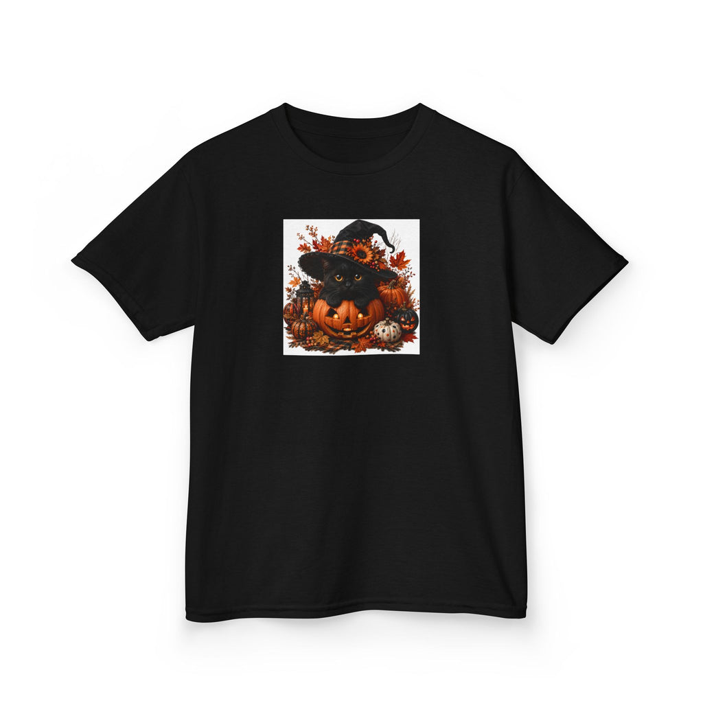 Kids Tee — Halloween Black Cat with Witch Hat & Pumpkins