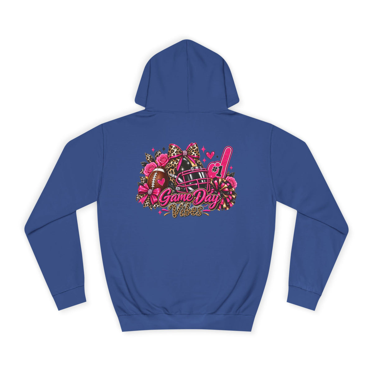 Printify Game Day Cheer Hoodie — Pink Football Floral Design, blue pullover hoodie with colorful football, helmet, bow, and Game Day graphic