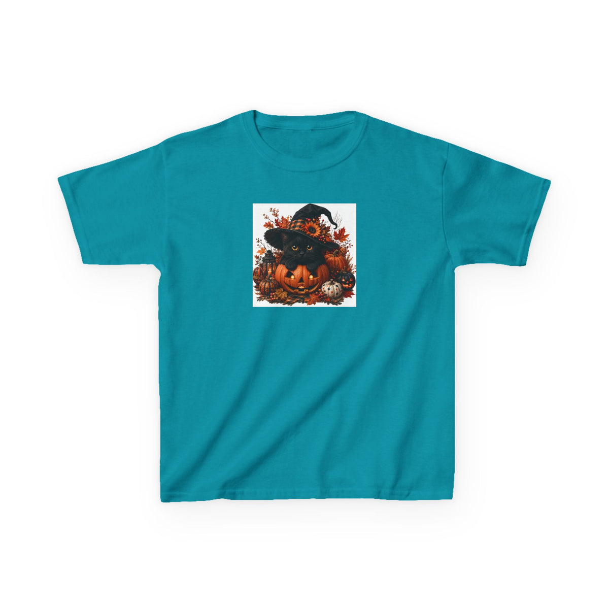Kids Tee — Halloween Black Cat with Witch Hat & Pumpkins