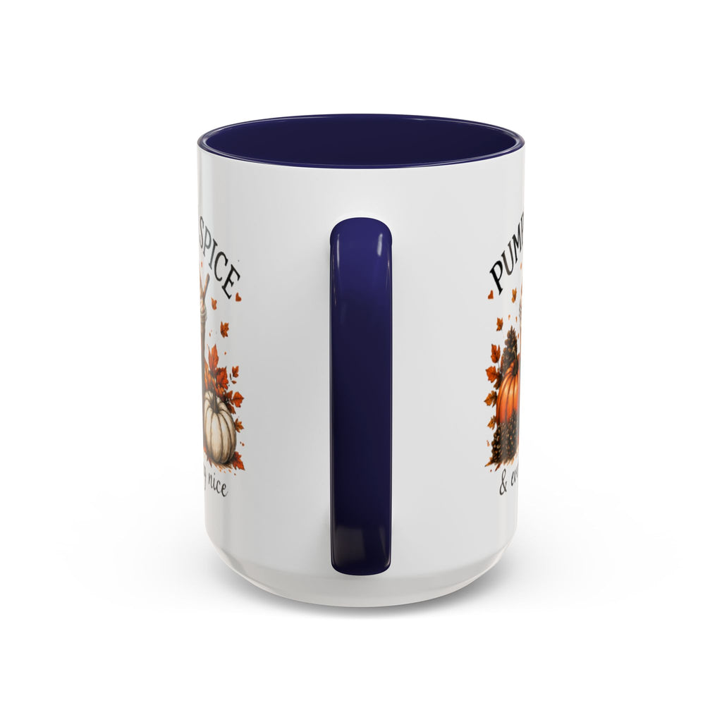 White coffee mug with navy interior and navy handle; Pumpkin Spice text design