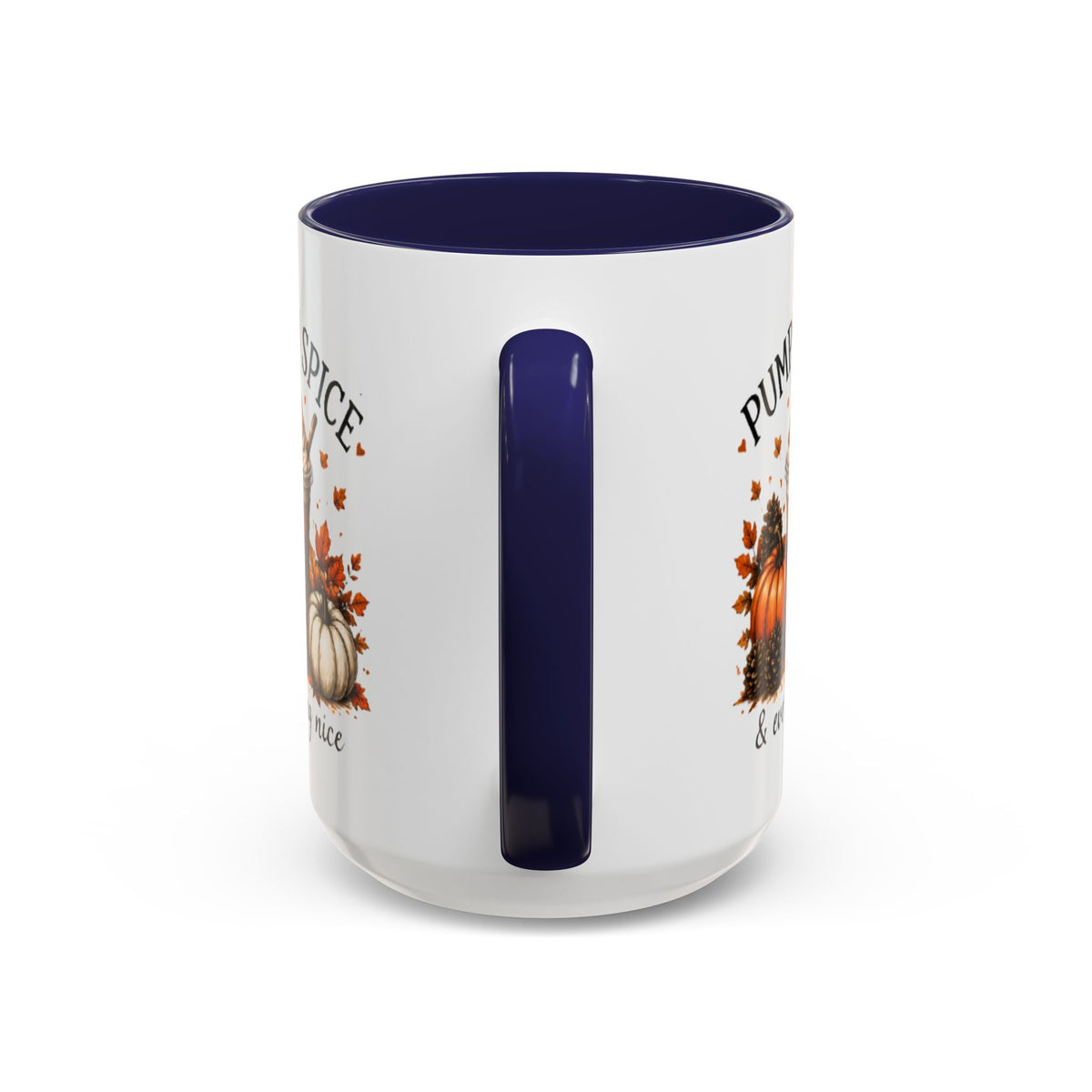 White coffee mug with navy interior and navy handle; Pumpkin Spice text design