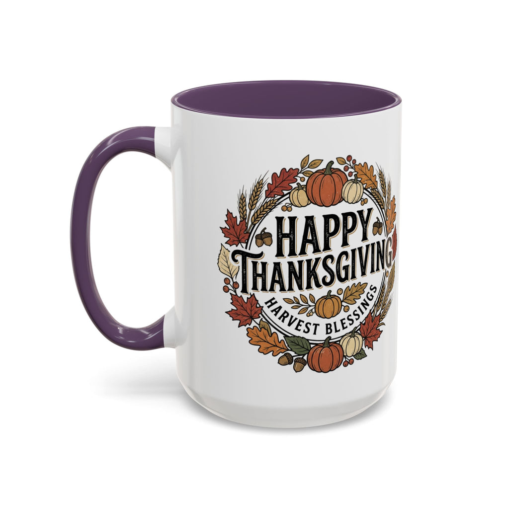 Happy Thanksgiving Accent Coffee Mug — "Harvest Blessings" Fall Pumpkin Wreath (11/15 oz)