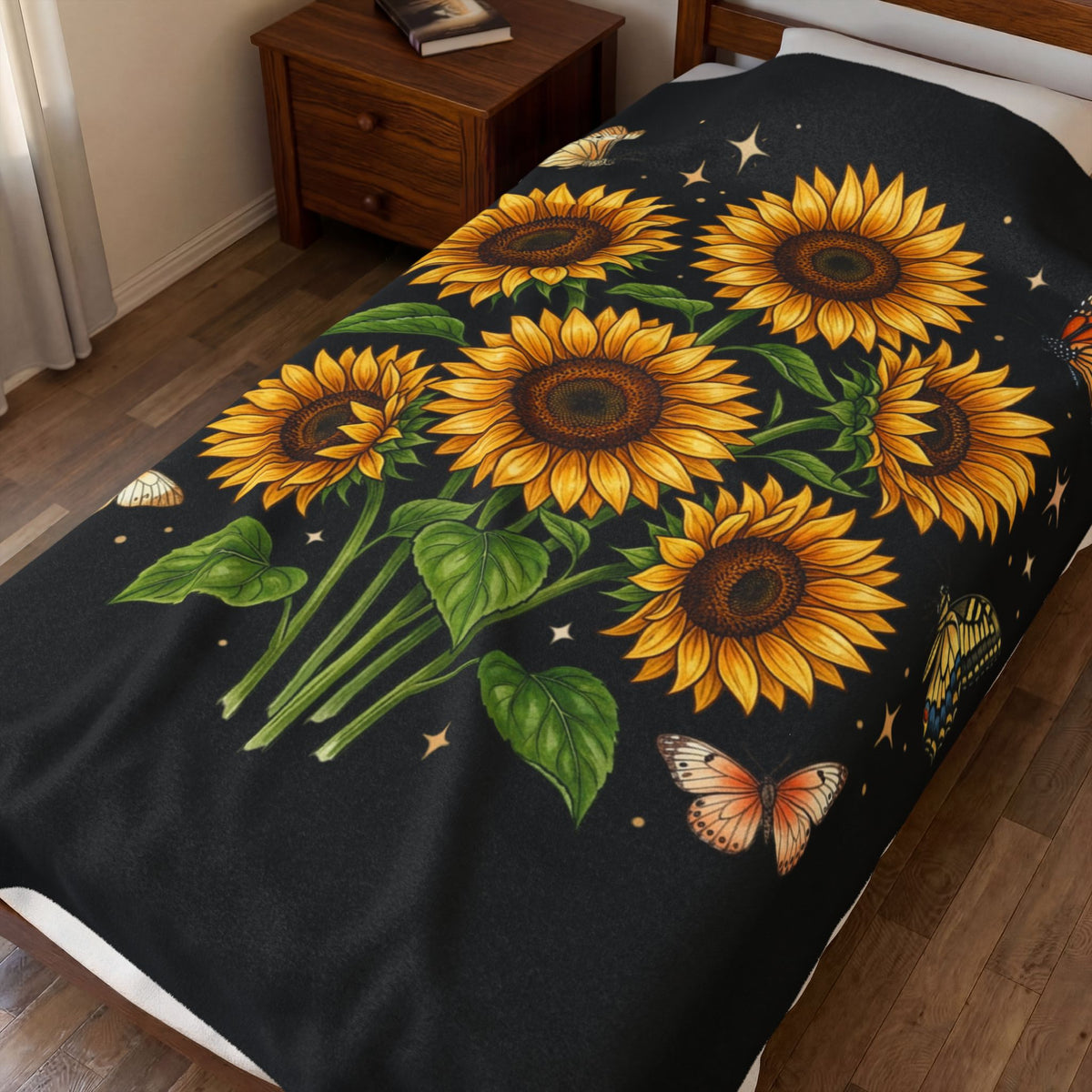 Sunflower & Butterflies Velveteen Plush Blanket — Cozy Floral Throw