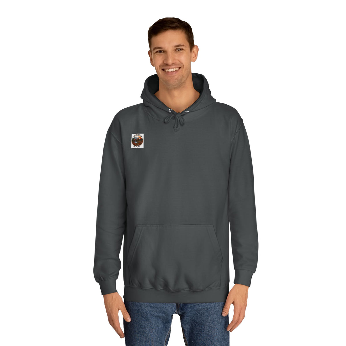 Charcoal pullover hoodie with front pouch pocket and small chest patch