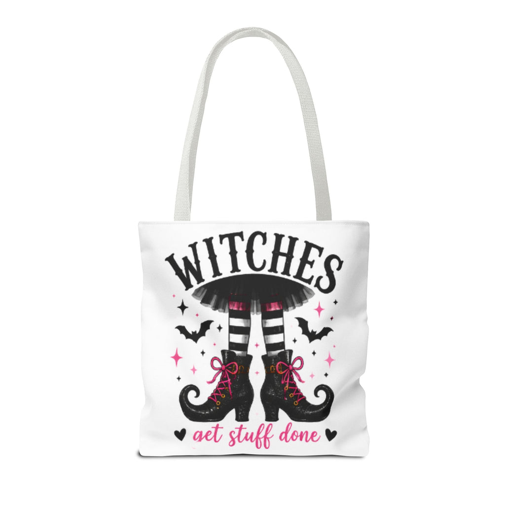 White tote bag with gray handles, 'WITCHES' boots graphic and 'get stuff done' slogan
