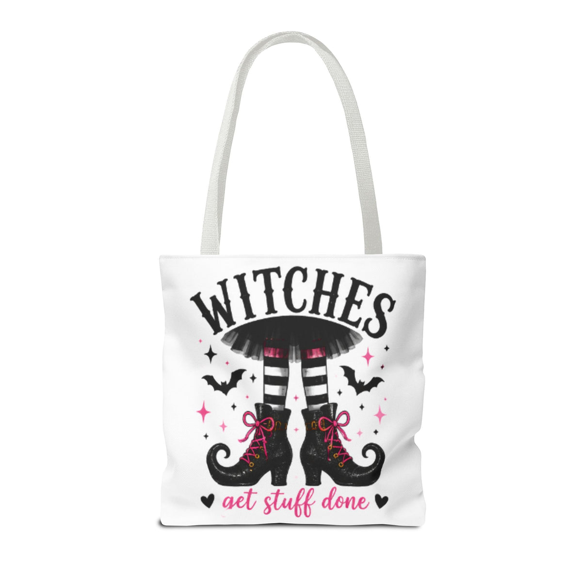 White tote bag with gray handles, 'WITCHES' boots graphic and 'get stuff done' slogan
