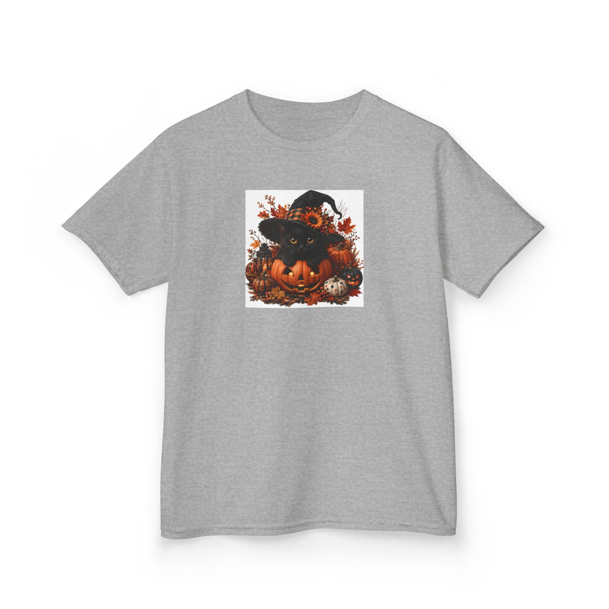 Kids Tee — Halloween Black Cat with Witch Hat & Pumpkins