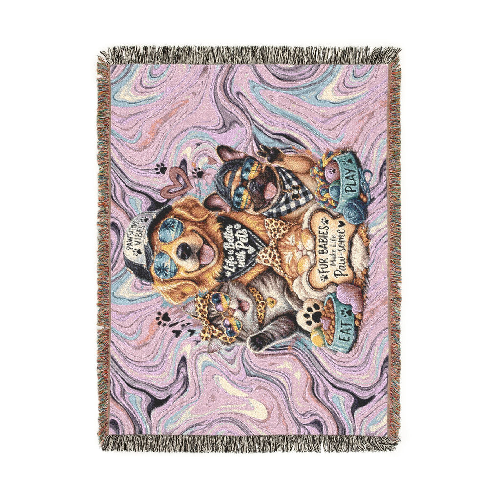 Psychedelic Pet Portrait Woven Blanket — Dog & Cats Floral Tapestry Throw