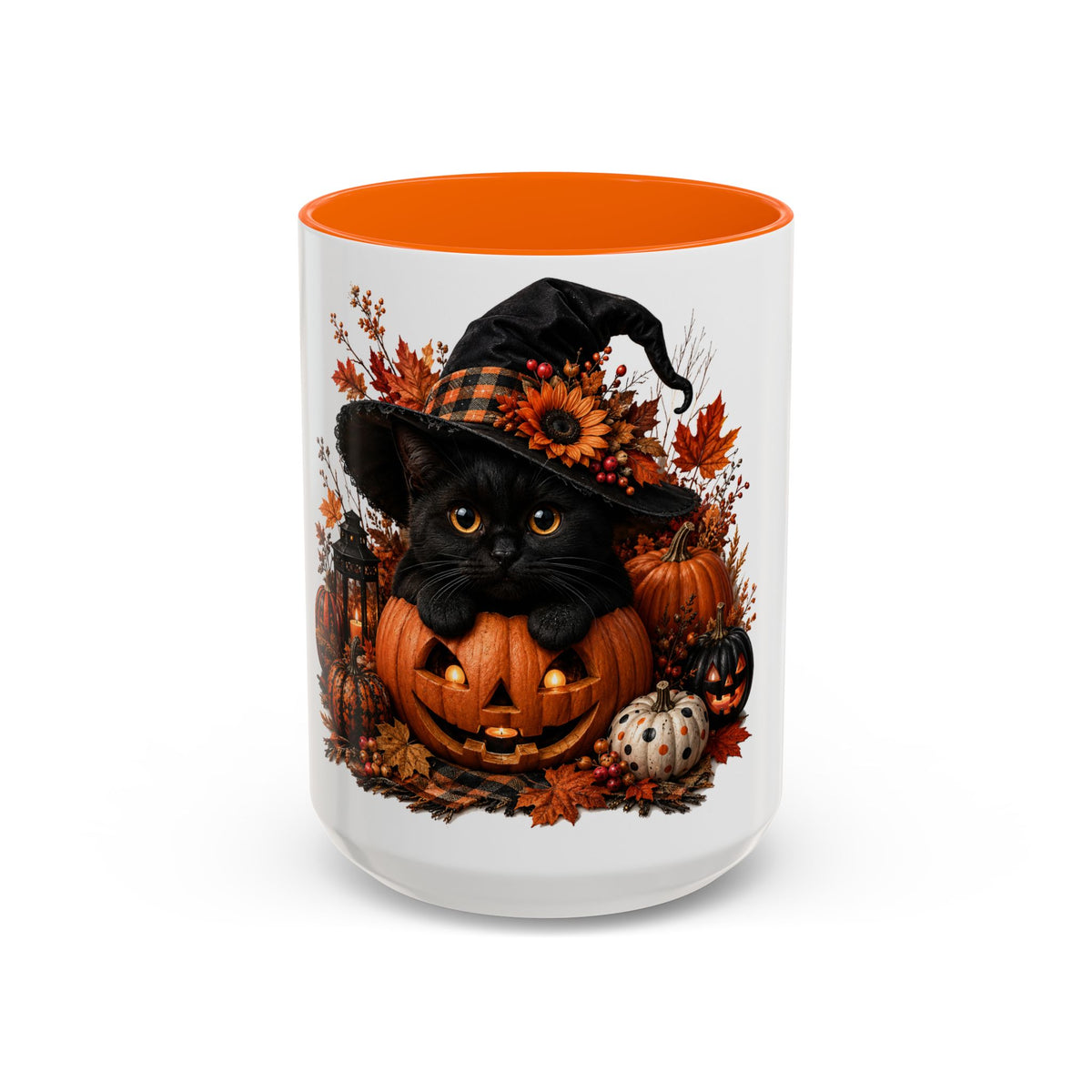 Halloween Black Cat Pumpkin Coffee Mug – Autumn Witch Hat Accent Mug (11/15oz)