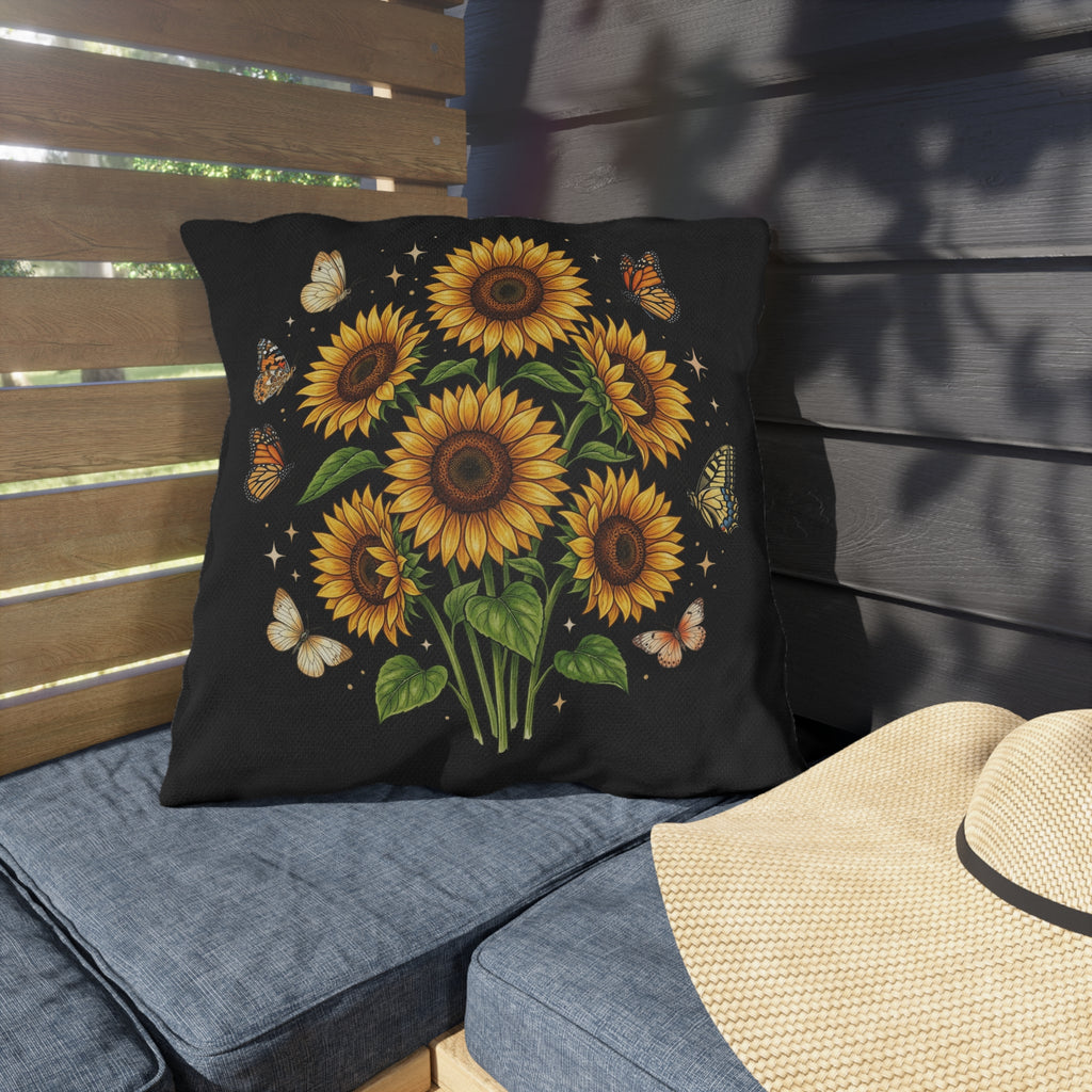Sunflower & Butterfly Outdoor Pillow — Floral Garden Accent Cushion for Patio