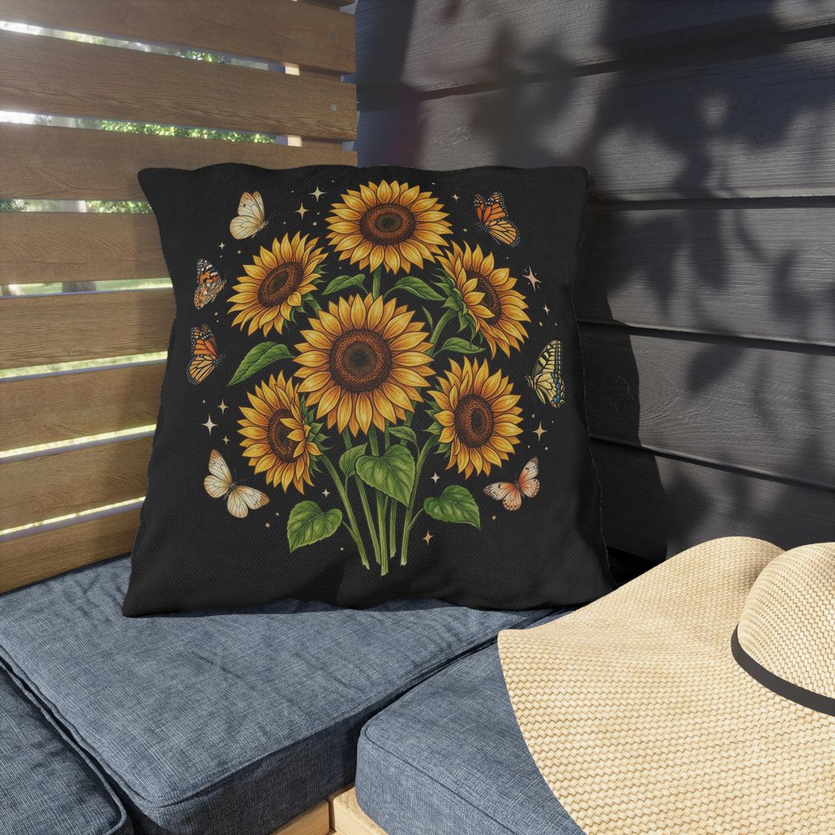 Sunflower & Butterfly Outdoor Pillow — Floral Garden Accent Cushion for Patio