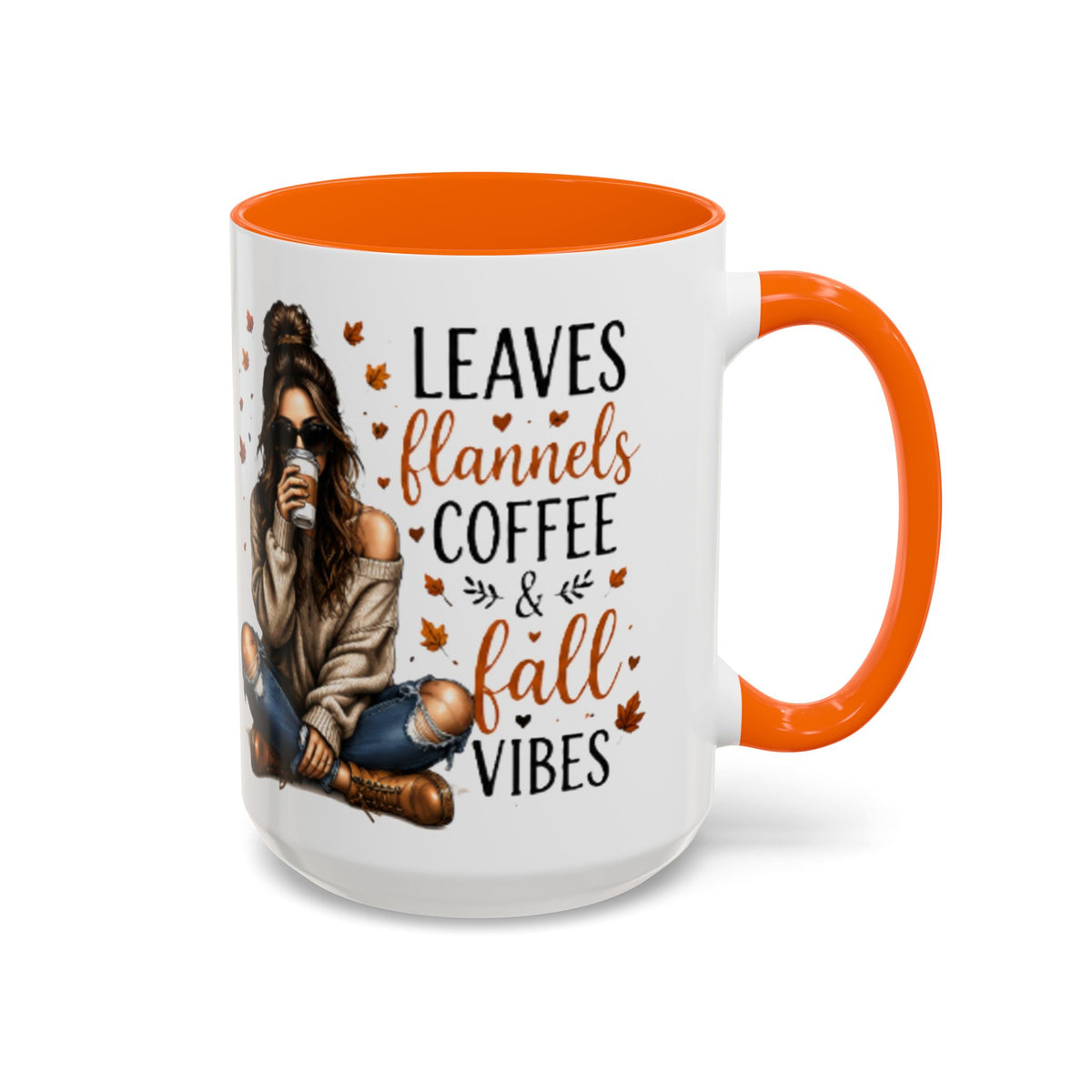 White ceramic coffee mug with orange handle and interior, “Leaves flannels coffee & fall vibes”