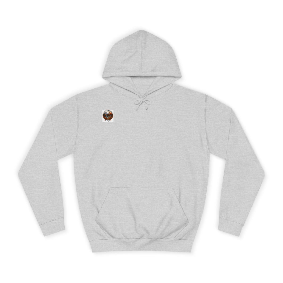Heather gray pullover hoodie with hood, drawstrings, kangaroo pocket, and small back logo