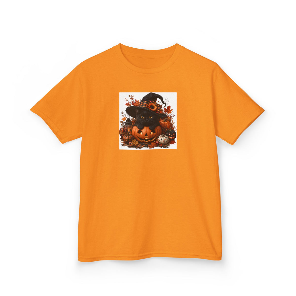 Kids Tee — Halloween Black Cat with Witch Hat & Pumpkins