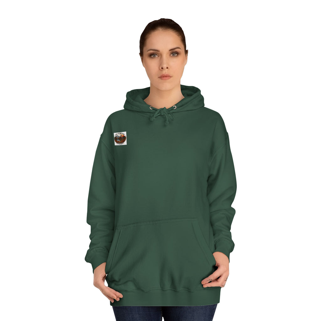 Deep green pullover hoodie with front pouch pocket and drawstring hood