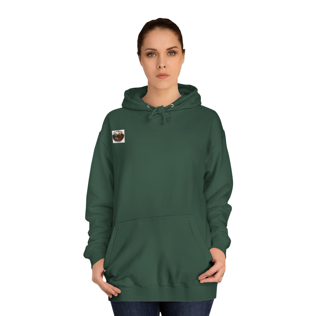 Deep green pullover hoodie with front pouch pocket and drawstring hood