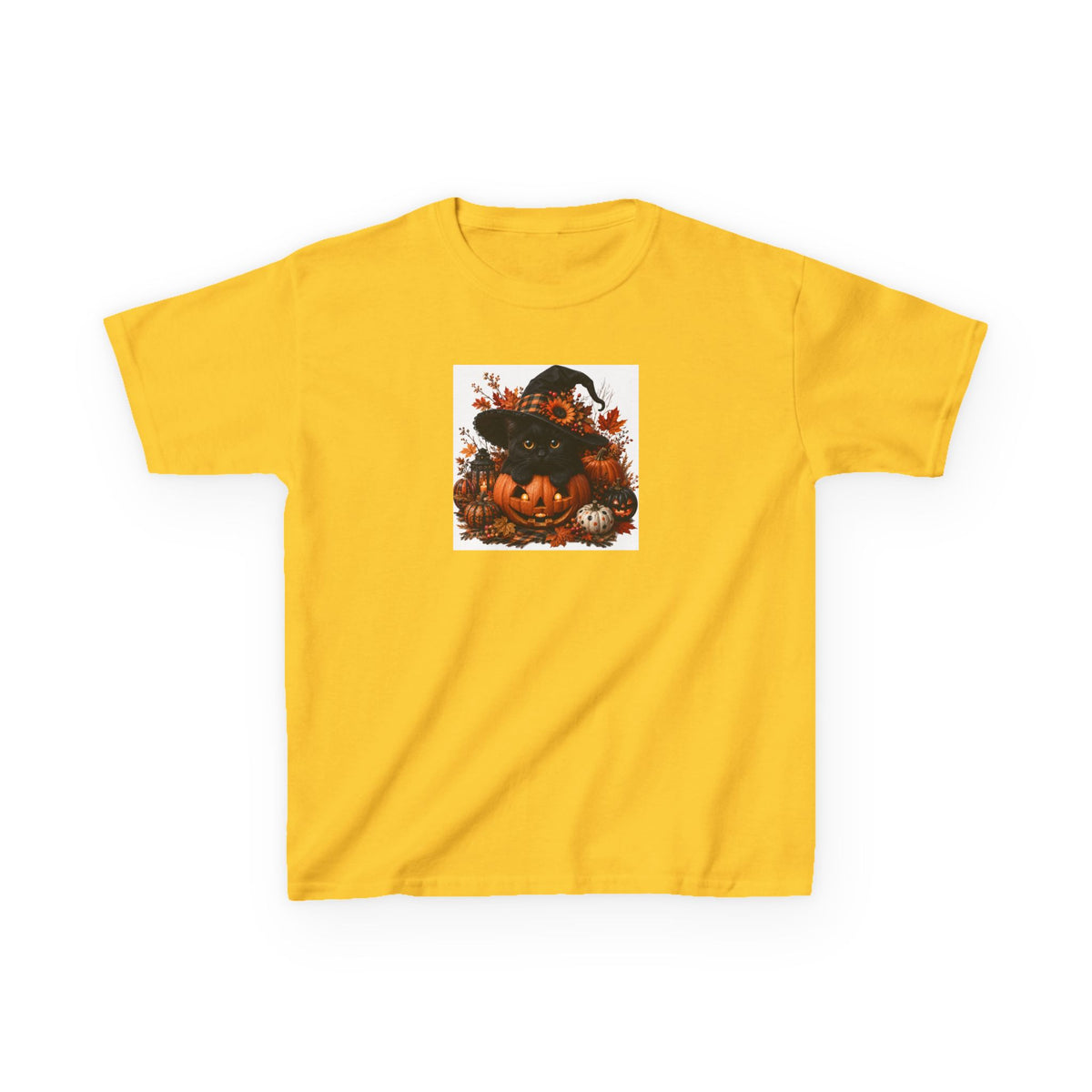 Kids Tee — Halloween Black Cat with Witch Hat & Pumpkins