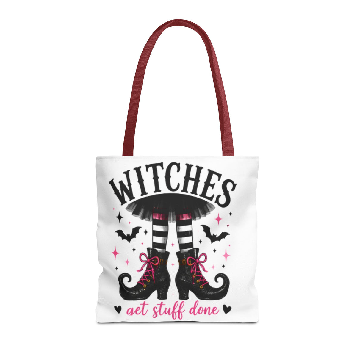 White tote bag with dark red handles, witches graphic and "get stuff done" lettering