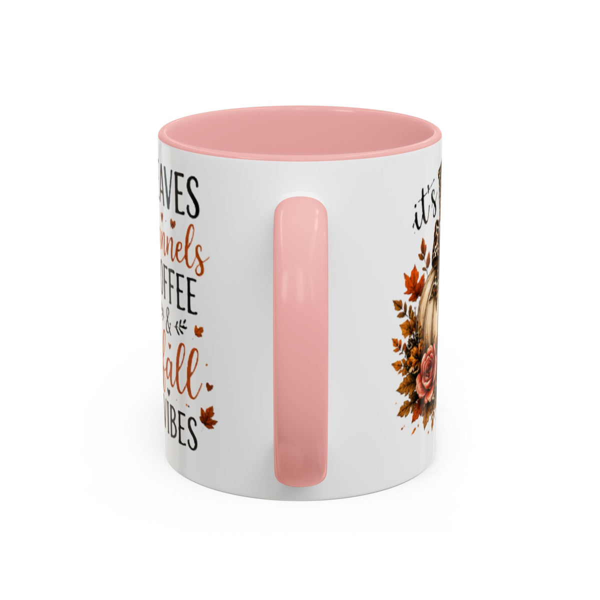 Pink interior and handle coffee mug with side autumn graphic, glossy finish
