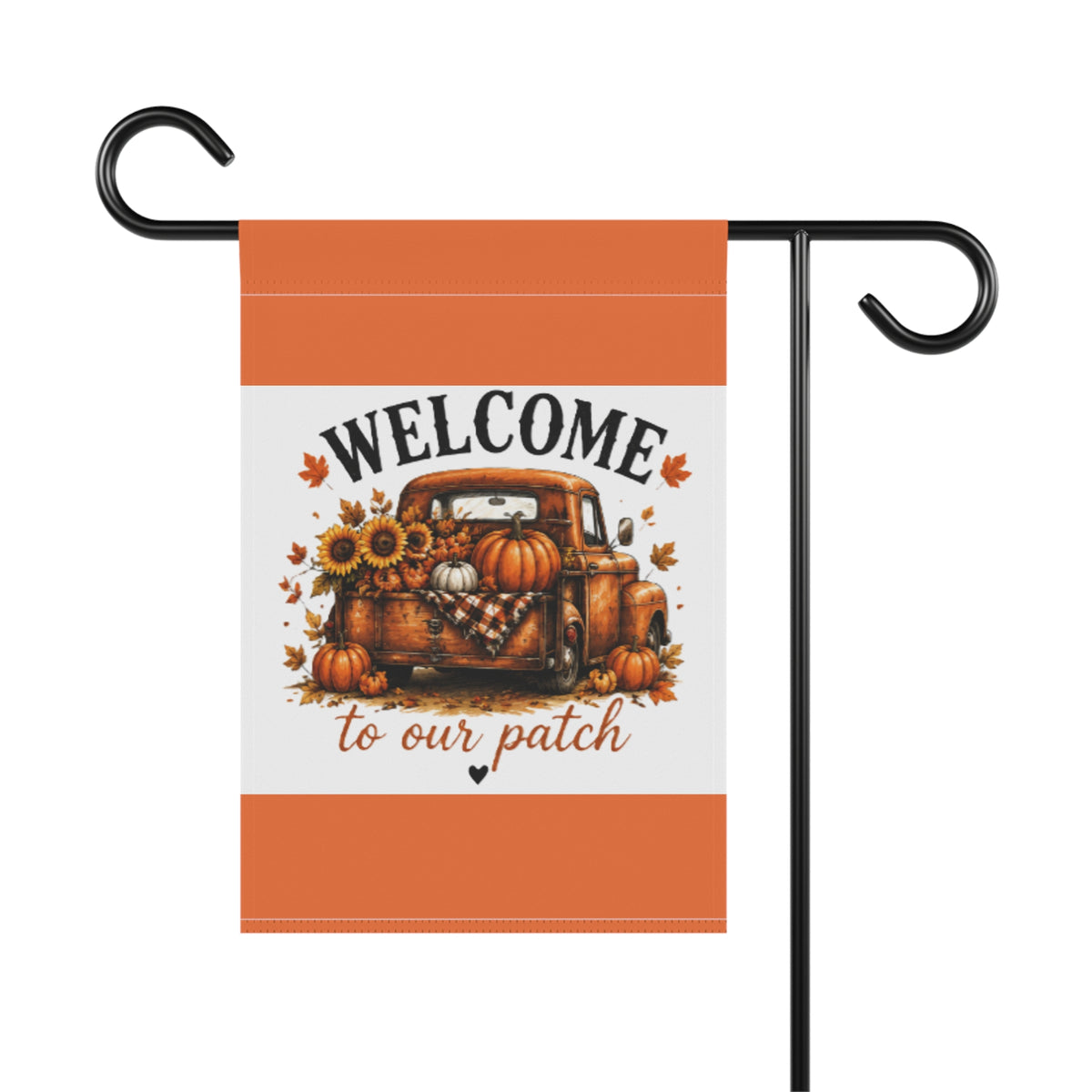 Autumn yard garden flag on black pole with Welcome patch art, pumpkin truck and sunflowers