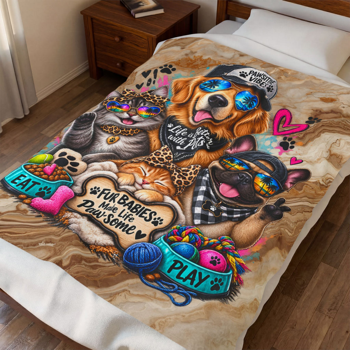 Velveteen Plush Blanket — "Life Is Better with Pets" Cute Dog & Cat Paw-Some Throw