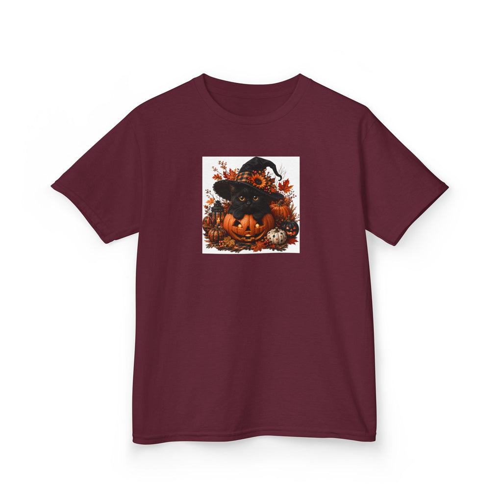 Kids Tee — Halloween Black Cat with Witch Hat & Pumpkins