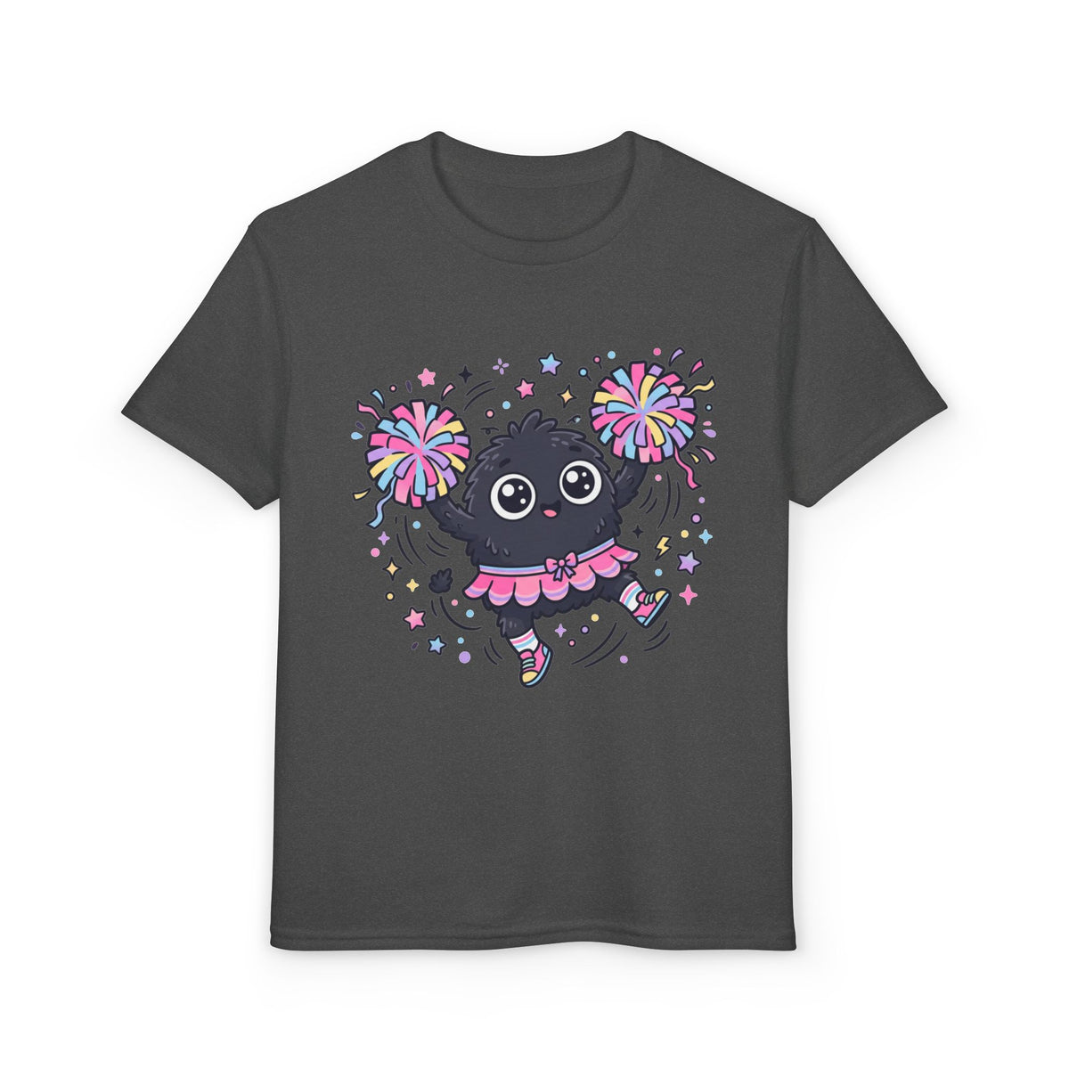 Cute Black Kitty Cheerleader Youth T-Shirt — Pom-Pom Dancing Cat Tee