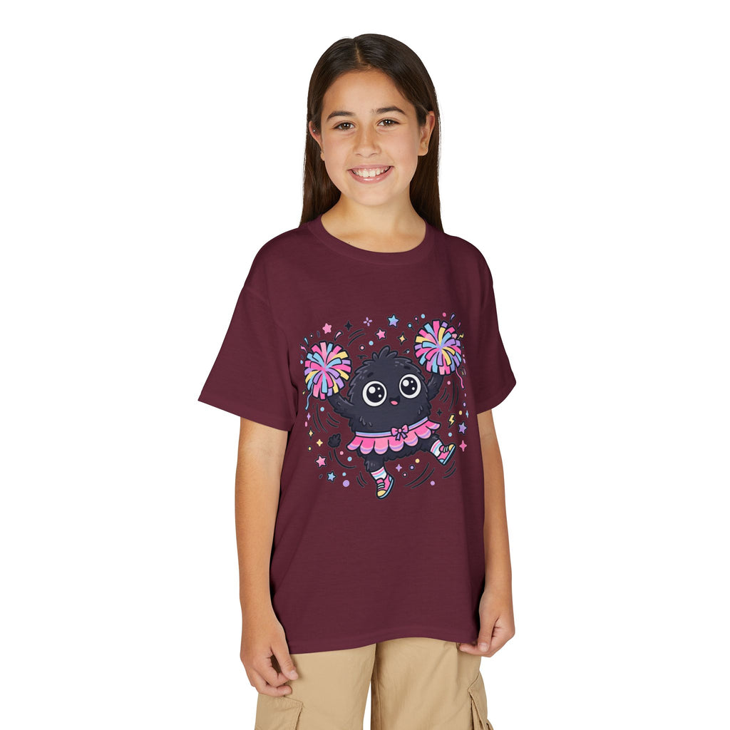 Cute Black Kitty Cheerleader Youth T-Shirt — Pom-Pom Dancing Cat Tee